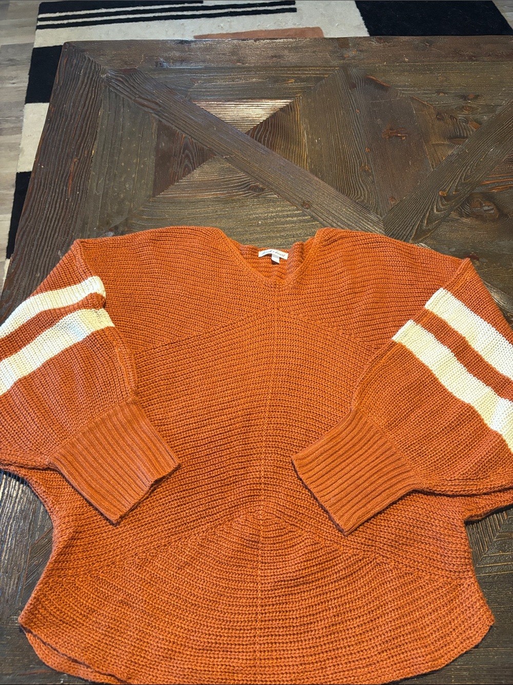 Derek Heart Rust Orange Scoop Neck Sweater with Cream Sleeve Stripes